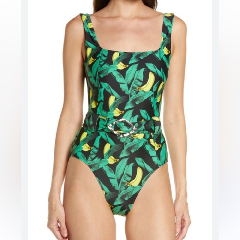 NWT Ganni Tropical Banana Tree Belted One-Piece Swimsuit
